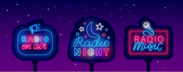 Wall Mural - Radio music neon street billboards collection. Glowing outdoor advertisings. Live on air. Vector stock illustration