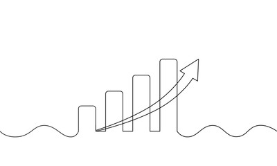 Sticker - continuous line drawing of graph with arrow up. illustration vector of business growth icon. bar chart one line. single line art