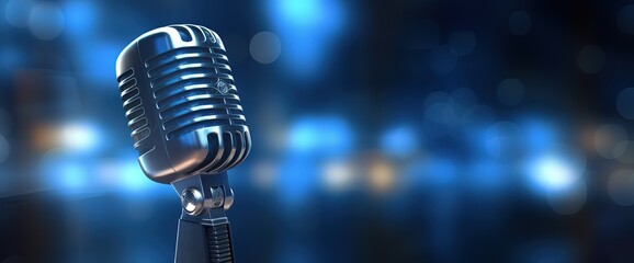 microphone with blurred background on blue wall, vintage microphone on stage with lamp lighting, in uhd image style, bokeh panorama. Generative AI