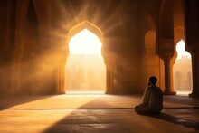 Prayer, Islam And Worship With Man In Mosque, Holy Quran And Spirituality. Praying, Man In Muslim Traditions Praying For Faith, Care And Ramadan Kareem