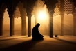 Prayer, islam and worship with man in mosque, holy quran and spirituality. Praying, person in Muslim traditions praying for faith, care and Ramadan kareem