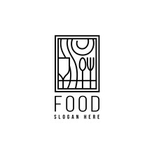 Logo Restaurant Food Design With Spoon, Fork And Wine Glass In Line Art Design Style