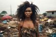 Serious Black Woman posing in a third world country public dump looking at the camera