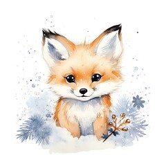 watercolor illustration of a cute little fox cub winter theme, snowflakes around, white background