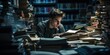 © koldunova - Candid shot of a student pulling an all-nighter in a dimly lit library, surrounded by stacks of books , concept of Fatigue