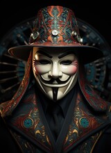 A Guy Fawkes Mask, Hacker Anonymous With Hat And Black And Print Suit On A Black Background. Portrait, Ultra Detailed, Realistic. Protest Concept