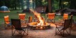 A circle of comfortable camping chairs around a roaring fire, awaiting the campers return, concept of Relaxing atmosphere