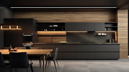 Poster - Modern minimalist kitchen with low equipment, simple dark gray and anthracite colored furniture. Generative AI