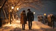 Young couple in love on a snowy winter street