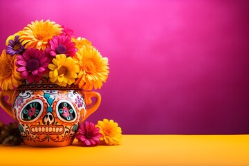 Wall Mural - Mexican Day of the Dead banner Background, Halloween Dia De Los Muertos, Mexican Sugar Skulls, Flower vase with flowers, Pink Background