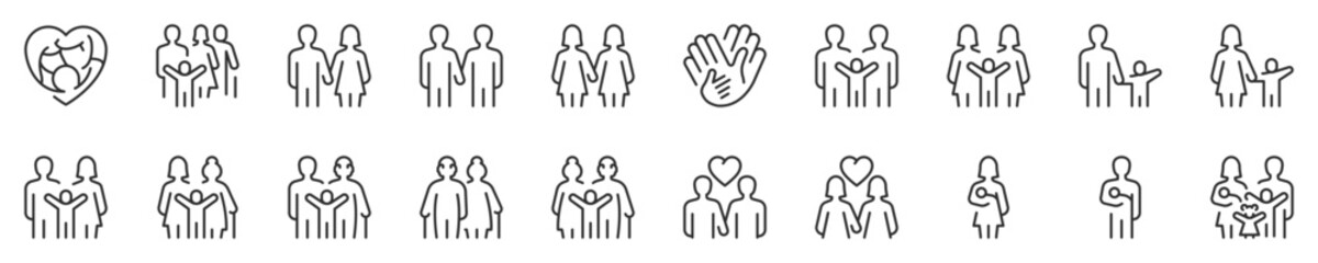 types of family structures. thin line icon set. symbol collection in transparent background. editabl