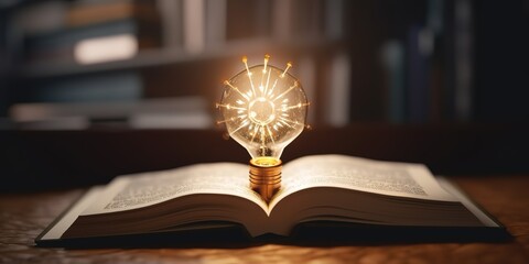 Wall Mural - an incandescent lamp glows above an open book. generative AI