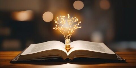 Wall Mural - an incandescent lamp glows above an open book. generative AI