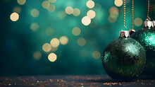 Green Christmas Balls With Gold Lights On Abstract Defocused Dark Background