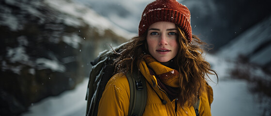 Wall Mural - landscape portrait of a hispanic hiker in winter