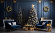 Modern, luxurious, minimalistic indoor Christmas decor with gold and deep blue tones