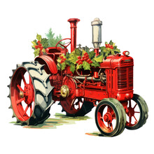 Christmas Vintage Farm Tractor Clipart Isolated On Transparent Background.
