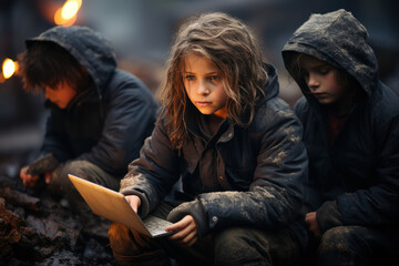 A group of children studying outdoors in harsh weather conditions, symbolizing the determination to access education despite challenges. Concept of resilience. Generative Ai.