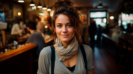 Wall Mural - young woman in cafe with a cup of cocktail