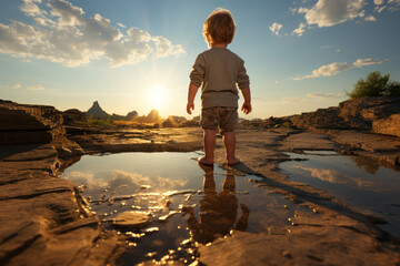 Canvas Print - A young child taking their first steps, representing the early stages of personal development. Concept of individual progress. Generative Ai.