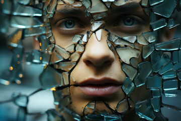 Wall Mural - a person's reflection in a shattered mirror, symbolizing fractured self-identity. concept of self-di