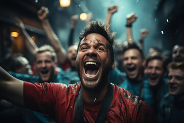 Poster - A football team celebrating a victory but also taking time to recognize the contributions of every team member, promoting inclusivity. Concept of inclusivity. Generative Ai.