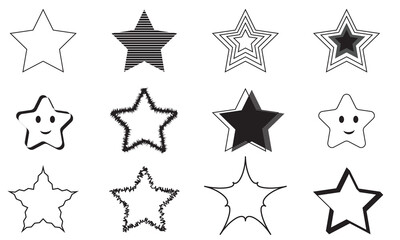 Star vector.  Set of different type black stars vector. Isolated on a white background star symbols. Abstract brush drawing. Vector art illustration grunge stars