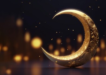 Wall Mural - Luxurious gold carved crescent moon with bokeh light background. Generative AI