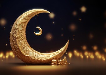 Wall Mural - Luxurious gold carved crescent moon with bokeh light background. Generative AI