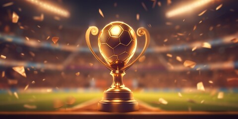 Gold colored trophy cup with football stadium background. Generative AI