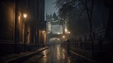 Fototapeta Londyn - Photograph medieval London dark rain fog dramata Ai generated art