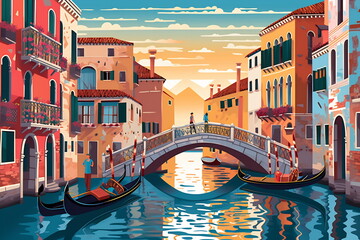 Wall Mural - Venice urban landscape. Pattern with houses. Illustration.