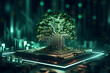Tree growing  from computer circuit board. Concept of green technology and IT ethics.
