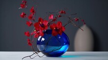 Simple Red Flower Blue Glass Bowl Floral Wallpaper Image AI Generated Art