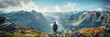 Leinwandbild Motiv Traveler standing on top of mountain, goal reached, active tourism and mountain travel, banner