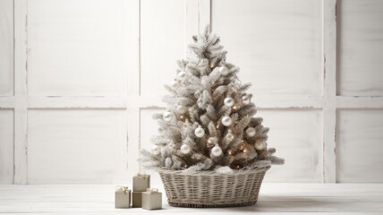 Canvas Print - Beautifully Flocked Christmas Tree in Basket on White Wooden Background with Space for Copy