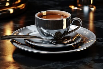 Poster - A cup of coffee on a saucer with a spoon. Suitable for coffee shop promotions or lifestyle articles.