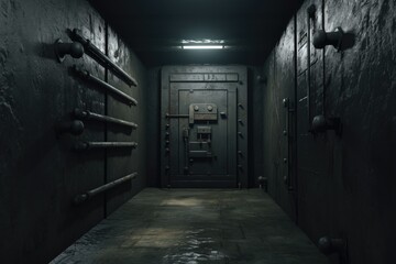 Wall Mural - A dimly lit hallway with a metal door. This image can be used to depict mystery, suspense, or secrecy in various settings.