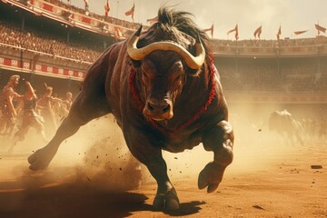 Poster - A powerful bull running through the dirt in a bullfight. 