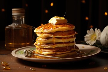 Wall Mural - A delicious stack of pancakes topped with syrup and butter. Perfect for breakfast or brunch