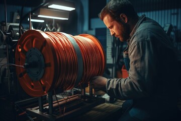 Wall Mural - A man is seen working on a large reel of orange wire. This image can be used to depict electrical work or construction projects involving wiring.