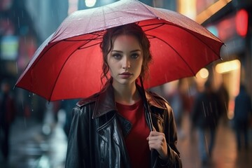 Sticker - A woman holding a red umbrella in the rain. Suitable for weather-related concepts and outdoor activities in rainy conditions.