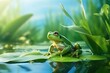A frog peacefully sitting on top of a leaf in a serene pond. Perfect for nature and wildlife enthusiasts.