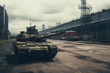 Wall Mural - A military tank parked in front of a factory. This image can be used to depict military operations, industrial sites, or the power and strength of a nation.