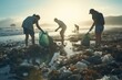 A group of people is seen picking up trash on a beach. This image can be used to raise awareness about environmental conservation and the importance of keeping beaches clean.