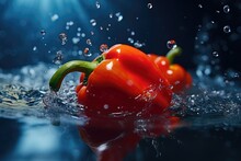 A Captivating Image Of A Red Bell Pepper Being Submerged In Water, Creating A Splash.