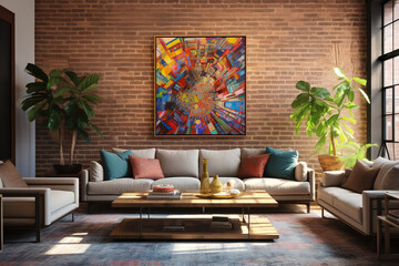 Wall Mural - Cozy Rustic Living room interior, one square frame art mock up, Exposed brick wall