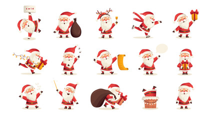 Wall Mural - Set of funny cute Santa Claus characters with different poses, emotions, holiday situations isolated on white background. Christmas holiday vector illustration in flat cartoon style