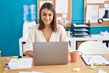 Sticker - Young beautiful hispanic woman business worker using laptop working at office