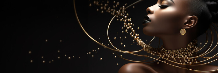 Wall Mural - Jewelry fashion banner, woman in luxury creative golden pearls jewels, glamour female african American model with beauty face makeup wearing expensive gold stylish Jewelry on black background.